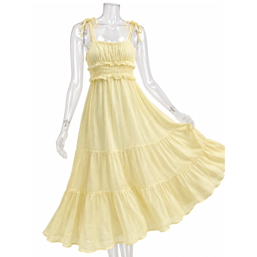 Just Found Women Yellow Smocked Tiered Midi Dress Tie Straps Ruffle SKUW765